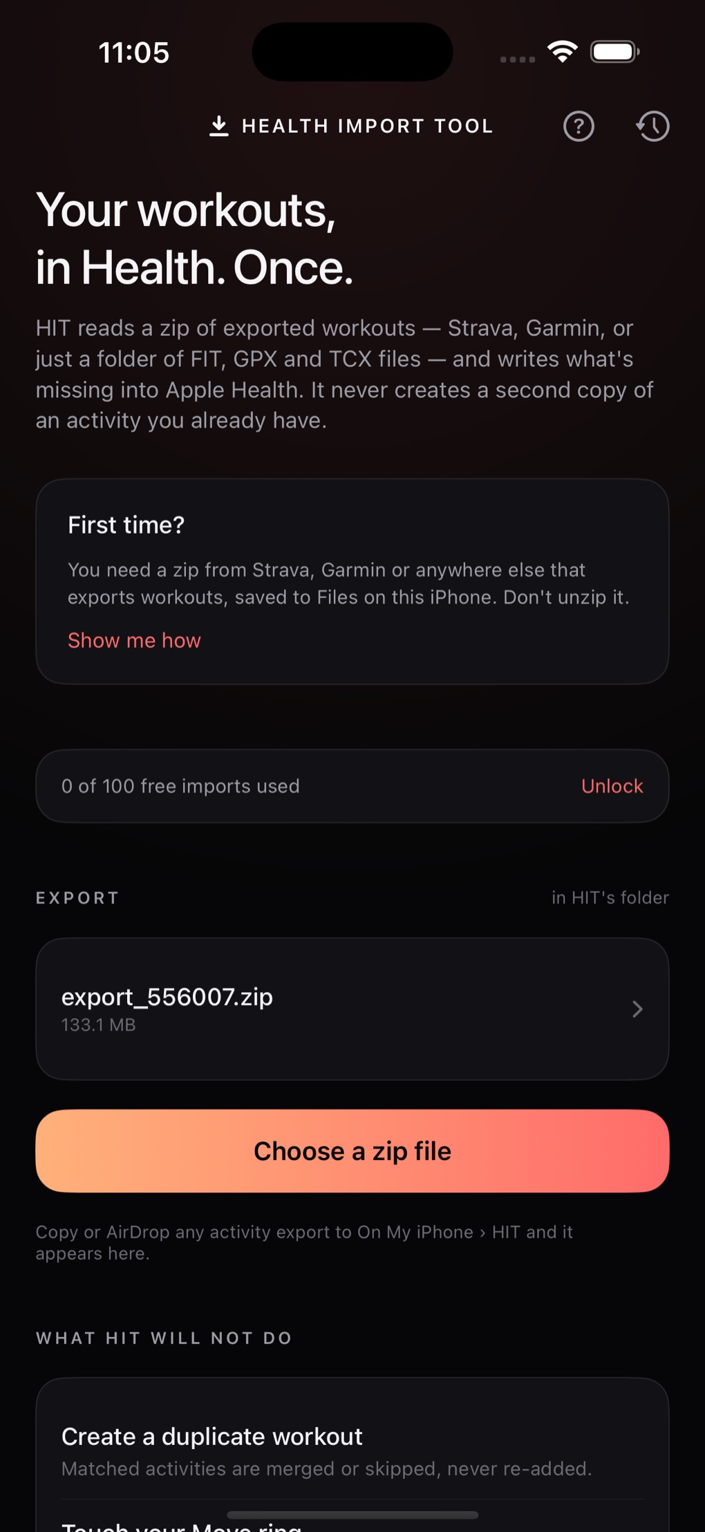 The first screen of Health Import Tool, listing a 133 MB Strava export ready to import.