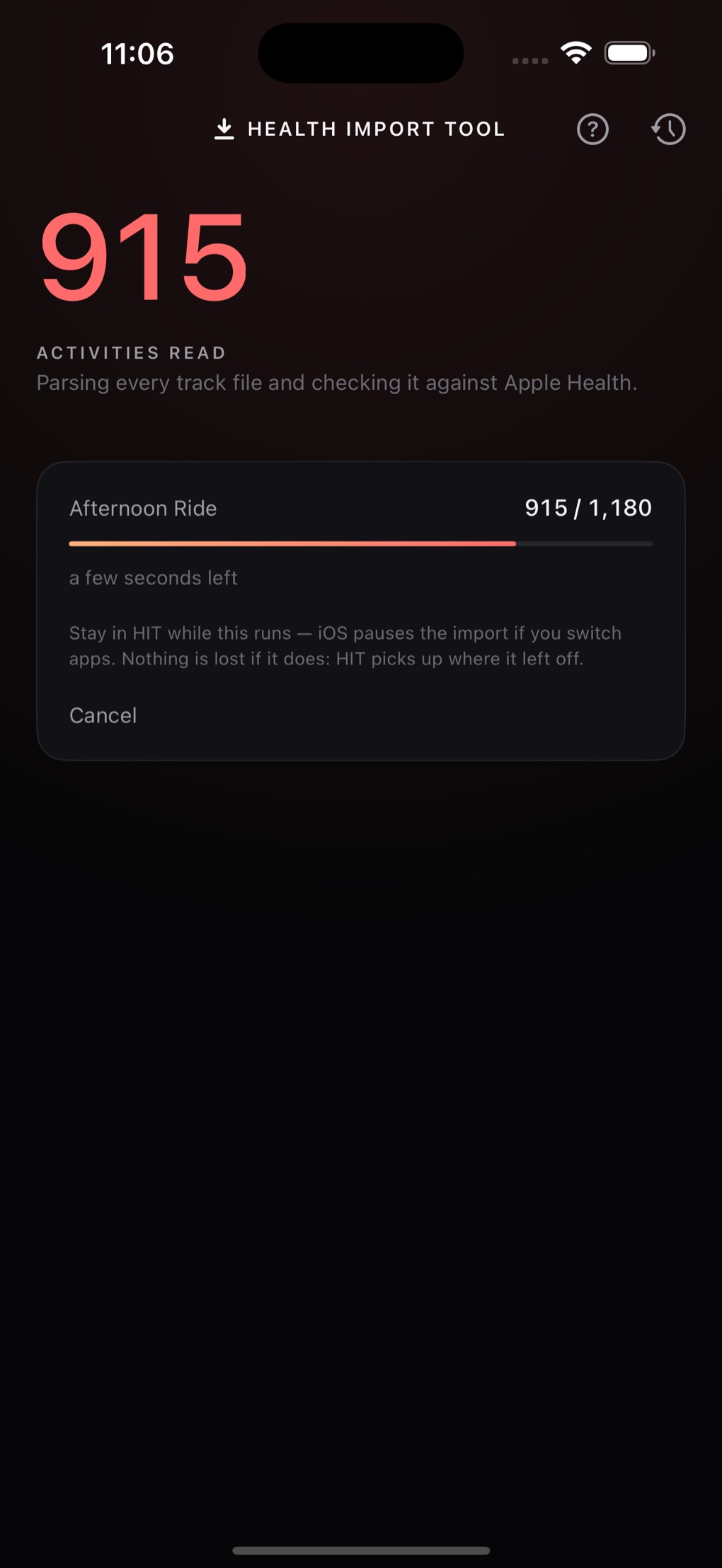 Health Import Tool reading a Strava export, 213 of 1,180 activities read.