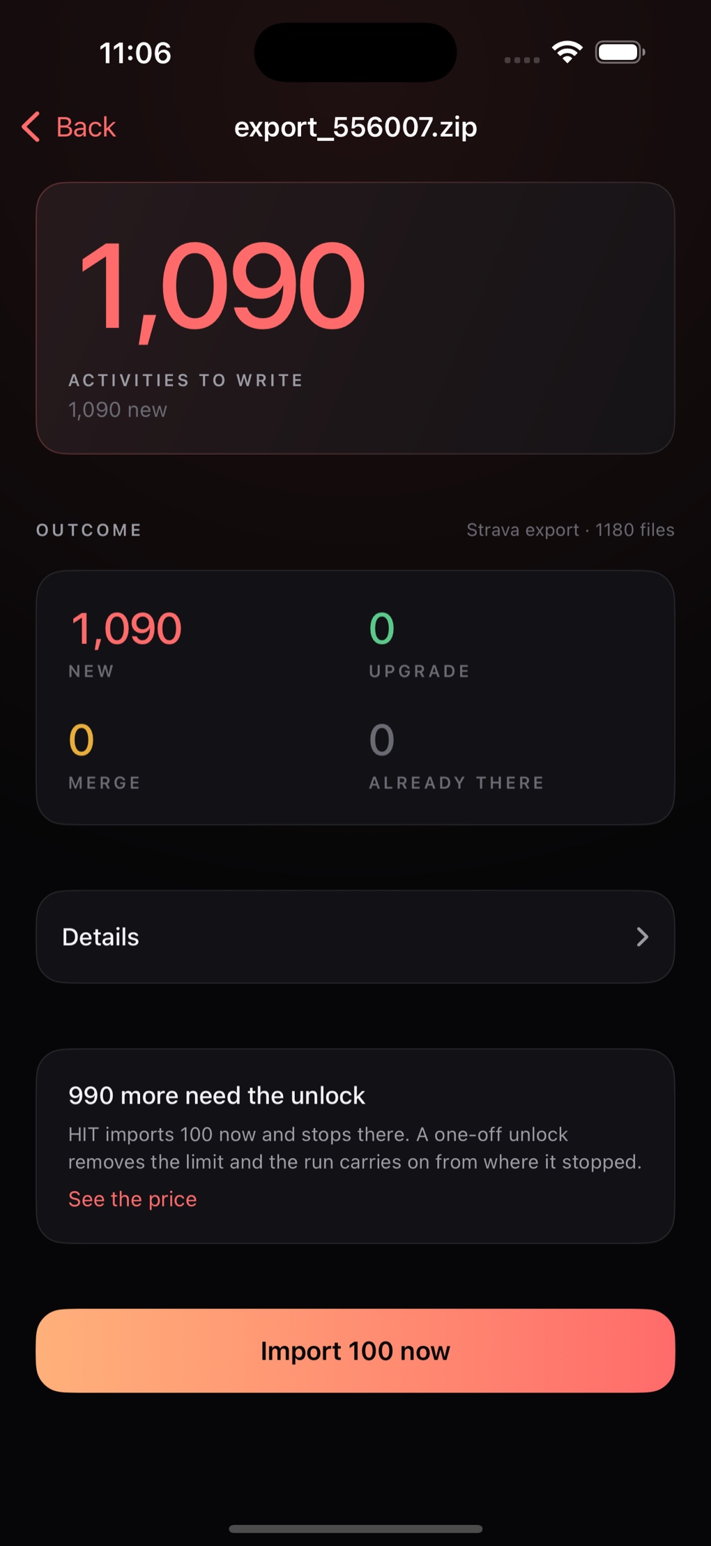 Health Import Tool showing 1,090 activities to write from a Strava export, with a breakdown of new, upgrade, merge and already there.