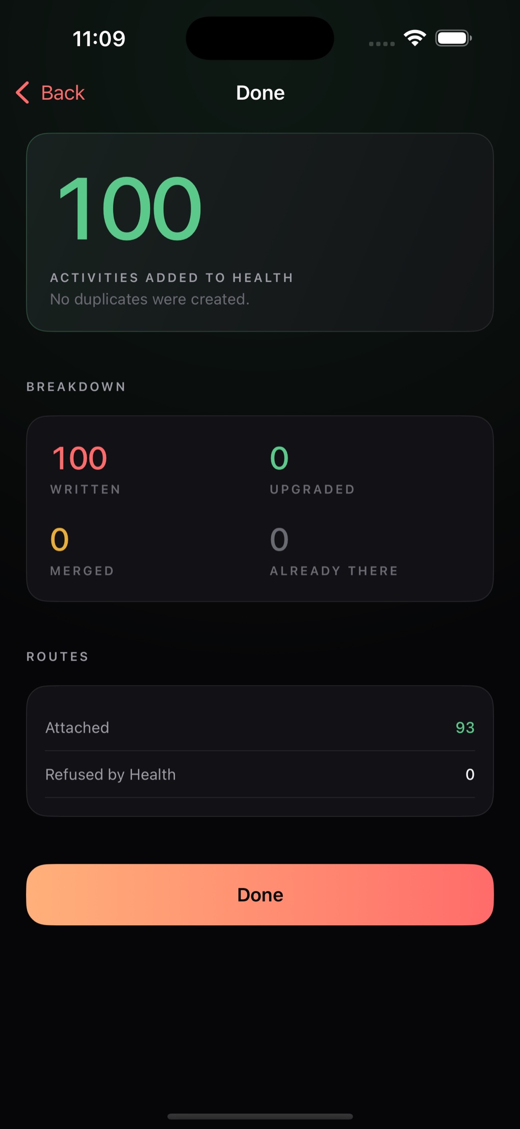 The summary after an import: workouts added to Health, with routes attached and none refused.